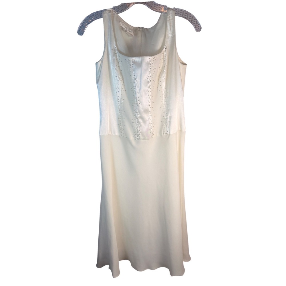 Evan-Picone Dress Women 6 Ivory Satin Beaded Sequin Square Neck Midi Cocktail - Picture 3 of 9